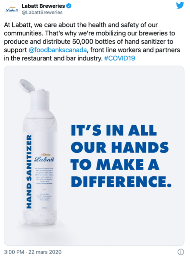 Tweet de Labatt présentant un produit désinfectant pour les mains